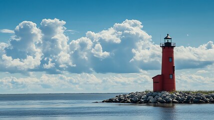 Wall Mural - A red lighthouse stands tall on a rocky outcrop against a backdrop of a bright blue sky and fluffy white clouds.