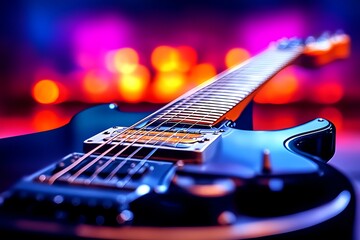 Wall Mural - a close-up of an electric guitarâ€™s strings and frets, with a soft focus on the background of a col