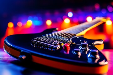 Wall Mural - a close-up of an electric guitarâ€™s strings and frets, with a soft focus on the background of a col