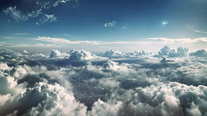 Poster - A digital abstract showing interconnected data points in a vast expanse of clouds, A vast expanse of clouds revealing hidden data streams and connections