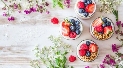 Wall Mural - A colorful dessert display featuring yogurt, berries, and granola, surrounded by flowers.