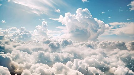 Poster - An aerial view of fluffy white clouds with a faint network of data connections revealed, A vast expanse of clouds revealing hidden data streams and connections