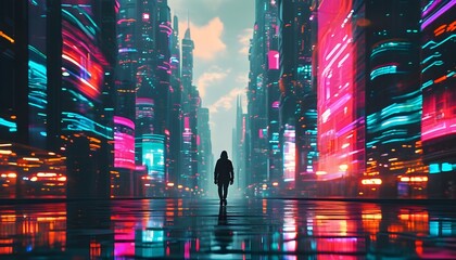 Solitary figure navigating a vibrant, digitally alive futuristic cityscape, capturing urban anonymity and the essence of technological advancement.