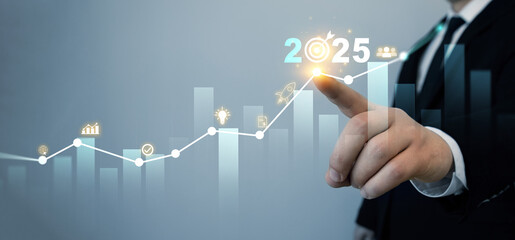 Leinwandbilder - Increase arrow graph corporate business future growth year 2025. Business plan strategy and development in 2025. Aim strategy startup business in new year 2025.
Business goals trends in 2025. 
