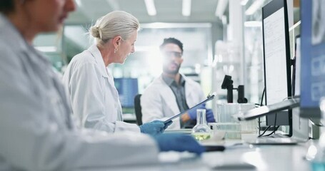 Leinwandbilder - Clipboard, computer and science with team in lab for breakthrough, report or research. Collaboration, computer and innovation with people working together for pharmaceutical discovery or solution
