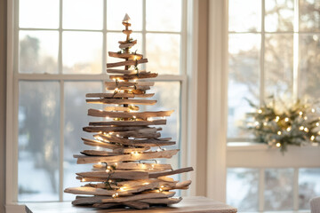 Wall Mural - beautiful christmas tree made of driftwood is glowing with warm fairy lights, bringing holiday cheer