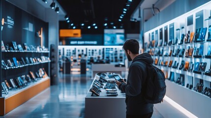 Wall Mural - a person is exploring a modern tech store, surrounded by various smartphones and gadgets displayed o