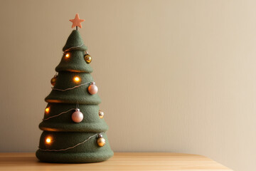 Wall Mural - minimalistic christmas tree made of felt and decorated with fairy lights and ornaments is standing o