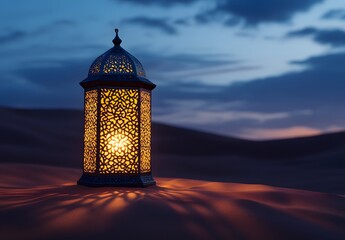 Intricate Arabic Lantern Glowing in Desert Twilight