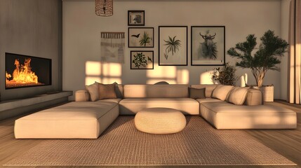 Wall Mural - This 3D rendered image showcases a cozy and inviting modern living room with a large comfortable sectional sofa and minimalist stylish decor