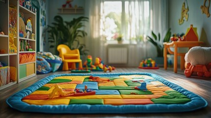 A colorful, upholstered play mat with built-in activities and sensory features.