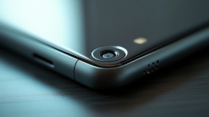 Wall Mural - close-up view of a smartphone's corner, featuring the camera lens and sleek design, set against a bl