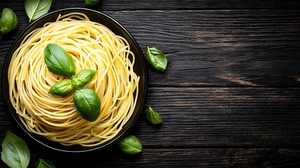 A bowl of spaghetti garnished with fresh basil leaves on a wooden table.