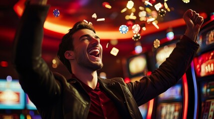 A jubilant man celebrates a win in a vibrant casino, surrounded by flashing slot machines and falling confetti.