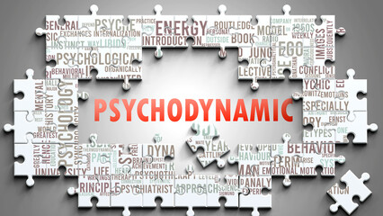 Wall Mural - Psychodynamic as a complex subject, related to important topics. Pictured as a puzzle and a word cloud made of most important ideas and phrases related to psychodynamic. ,3d illustration