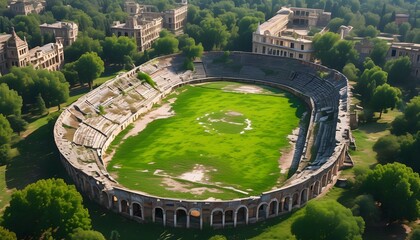 Timeless aerial perspective of a vintage sports field surrounded by trees and historic architecture, showcasing well-worn grass from countless athletic events