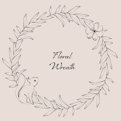 Wall Mural - Line art hand drawn floral wreath with flowers, branch and cute squirrel. Elegant logo template. Decoration for greeting card, wedding invitation, save the date. 