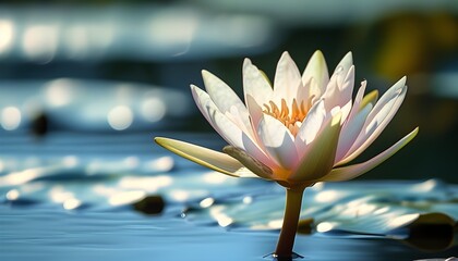 Delicate water lily gracing a serene pond, illuminated by soft, gentle light