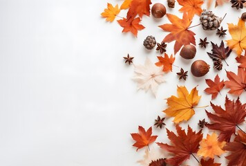 Wall Mural - autumn leaves & acorns flat lay background