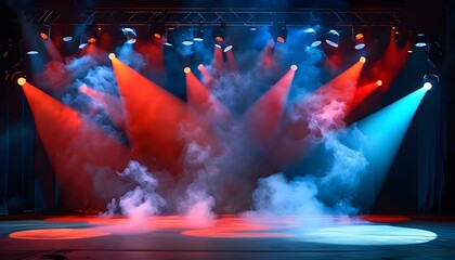 Vibrant stage illuminated by dynamic red and blue spotlights amidst swirling smoke