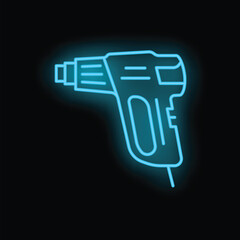 Wall Mural - Blue neon icon of an electric heat gun glowing on a black background