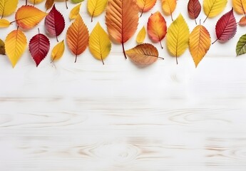 Poster - Autumn Leaves on White Wooden Table Top View