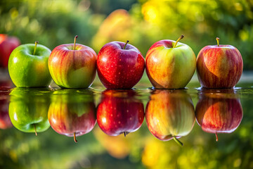 A row of apples are sitting in a pool of water. The apples are green and red. The reflection of the apples in the water creates a sense of depth and movement