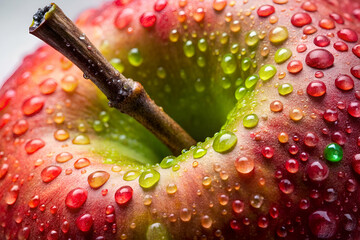 A close up of a red apple with a green stem. The apple is covered in raindrops, giving it a fresh and vibrant appearance