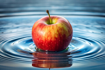 A red apple is floating on the surface of a body of water. The apple is surrounded by ripples and waves, creating a serene and peaceful atmosphere. Concept of tranquility and harmony with nature