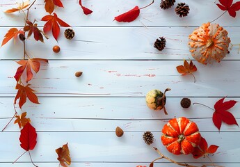 Wall Mural - autumnal flat lay with pumpkins & leaves on white wood