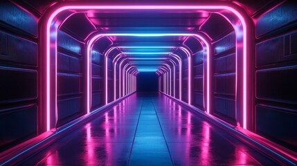 A dark hallway lit by futuristic neon lights. The glow reflects on the floor and walls, creating a cool, sci-fi vibe. The center is empty, making it feel vast and mysterious.