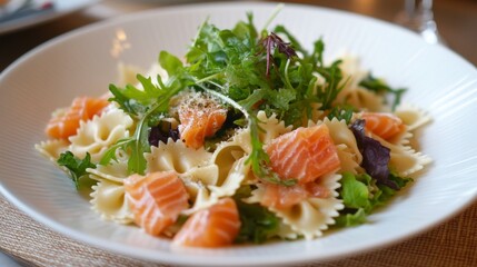 A delicious dish of farfalle pasta with smoked salmon in a creamy sauce, topped with mixed greens.