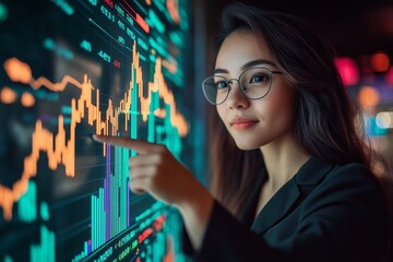 Poster - Young professional analyzing stock market trends on a digital display in a modern office setting during evening hours