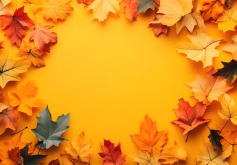 Autumn Leaves Border on Yellow Background