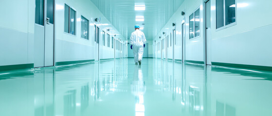 A calm hospital corridor showcasing a healthcare professional walking, highlighting cleanliness and tranquility in a medical environment.