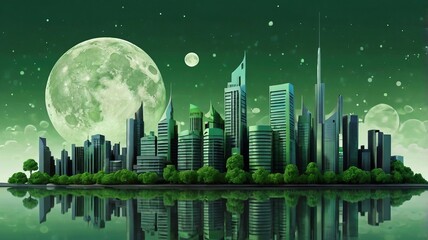 Stylized green city skyline with clouds and a moon, featuring abstract elements—perfect for eco-friendly designs and urban themes.