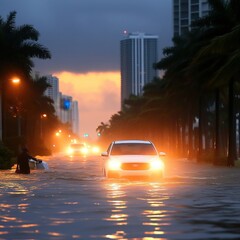 A car struggles through floodwaters on a city boulevard at sunset amid towering buildings