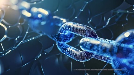 Poster - close-up view of a chain made of luminous blue data points, symbolizing blockchain technologys inter