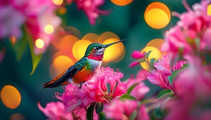 Vibrant hummingbird perched among pink flowers with a dreamy backdrop of bokeh lights, showcasing a captivating artistic nature scene.