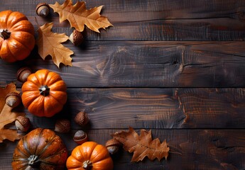 Wall Mural - autumn pumpkins, leaves & acorns on wood