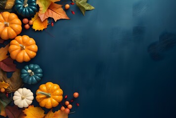 Wall Mural - autumn pumpkins and leaves on blue background