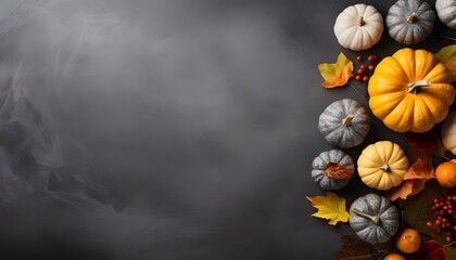 Wall Mural - autumn pumpkins and leaves on dark stone table