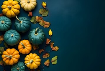 Wall Mural - autumn pumpkin & leaves tabletop background