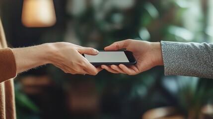 Wall Mural - two hands exchanging a smartphone in a cozy environment filled with greenery and warm lighting.