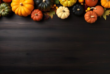 Wall Mural - autumn pumpkins banner on dark wood table