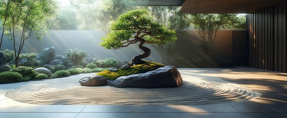 Canvas Print - tranquil zen garden patio minimalist design with raked sand carefully placed rocks and a single bonsai tree framed by clean architectural lines and soft natural light