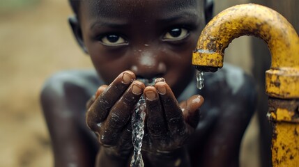 African boy cupping his hands to drink water from a tap, struggling with thirst in a drought-hit village, symbolizing the harsh effects of climate change.