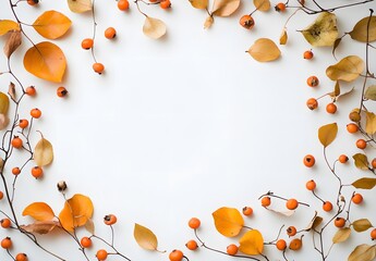 Poster - Autumn Leaves & Berries Frame on White Background