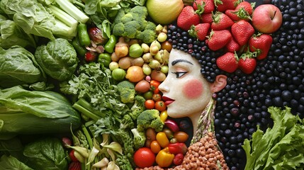 Woman's Body Molded with Fruits and Vegetables, Abstract Image, Texture, Pattern Background, Wallpaper, Cover and Screen for Smartphone, PC, Laptop, 9:16 and 16:9 Format