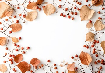 Wall Mural - autumn leaves & berries frame white background